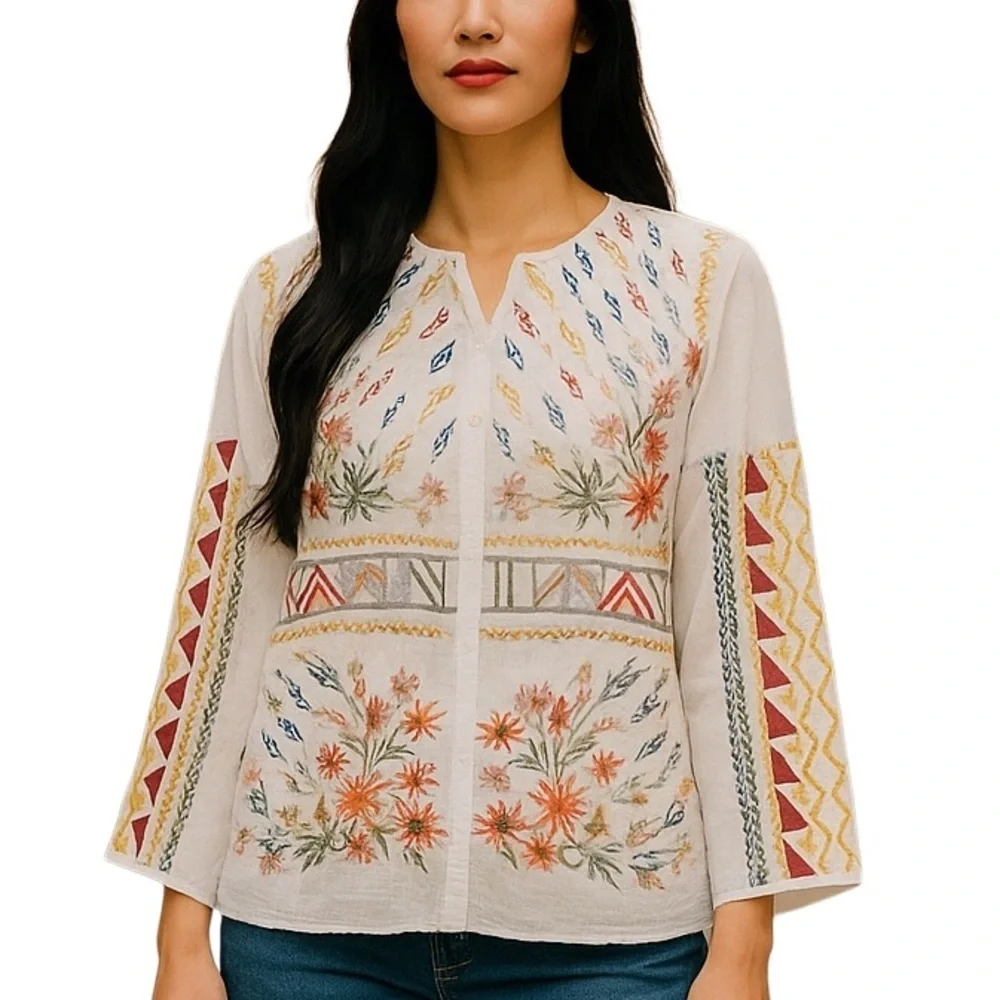 JOHNNY WAS EZRA HEAVILY EMBROIDERED BLOUSE TUNIC NWT - Picture 4 of 13